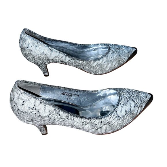 Wild Rose Pointed Toe Silver Lace Kitten Heel Pumps Size 8.5 Womens Closed Toe S - Picture 6 of 11